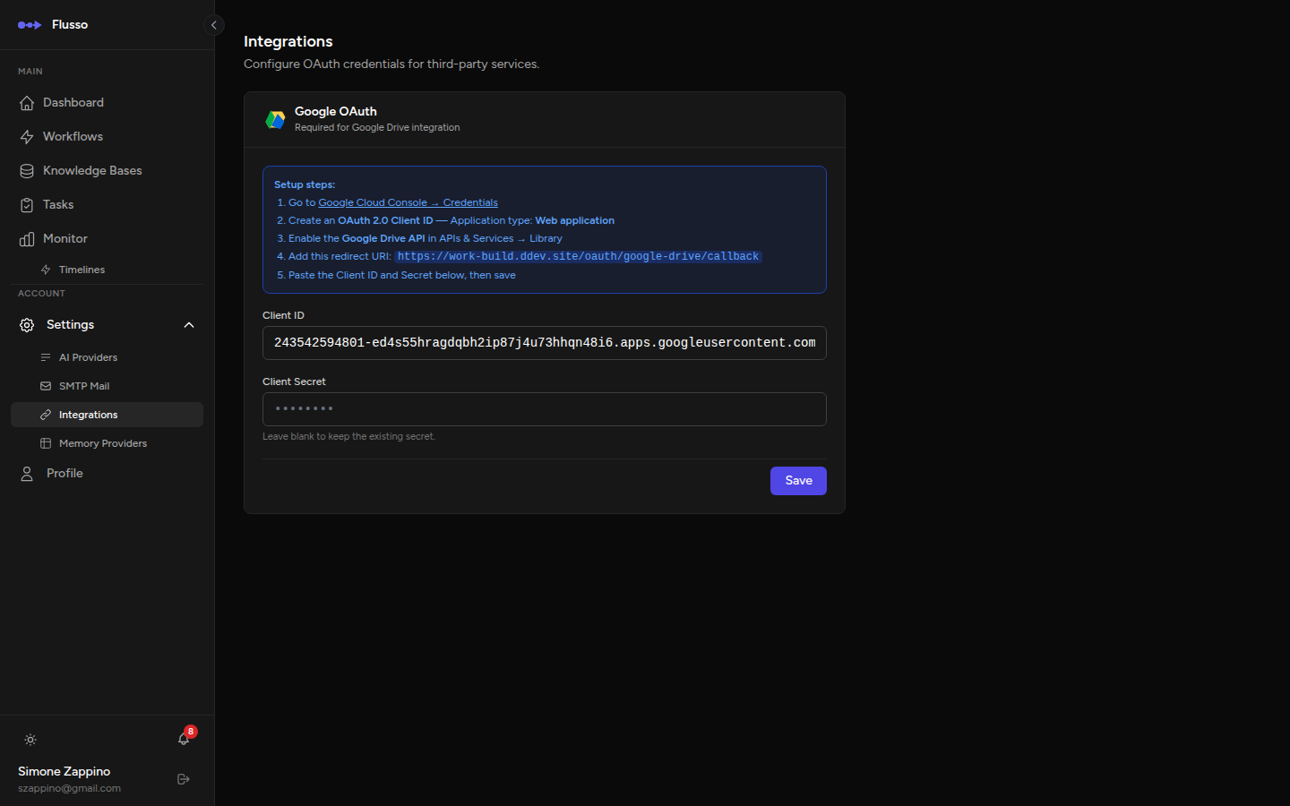 Integrations settings page