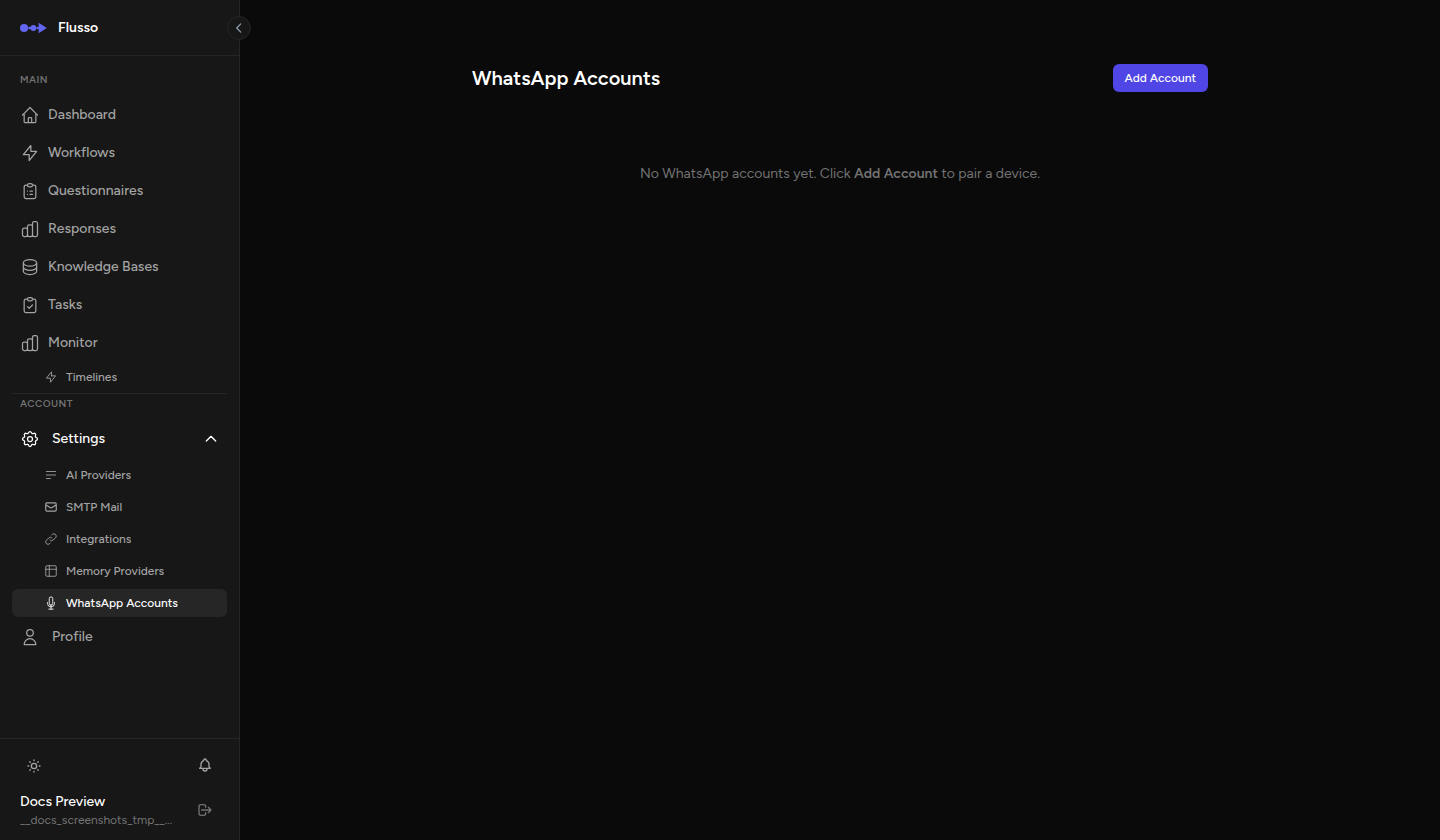 WhatsApp Accounts page with Add Account button